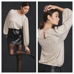 Anthropologie/  Flat White Sequin Top champagne gold Blouse Long Sleeves Xs
